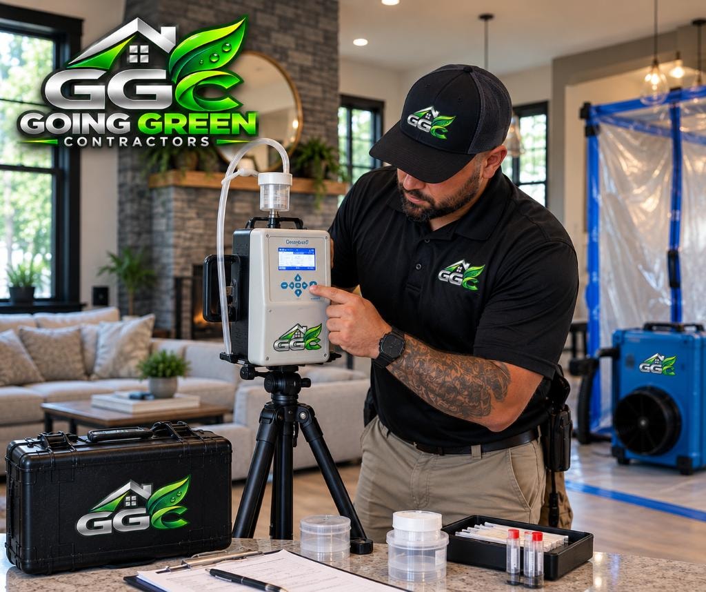 Indoor air quality testing technician using professional air sampling equipment